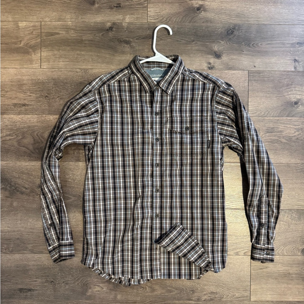 Columbia Omni-Shade Shirt Mens Small Brown Plaid Hiking Fishing UPF Long Sleeve